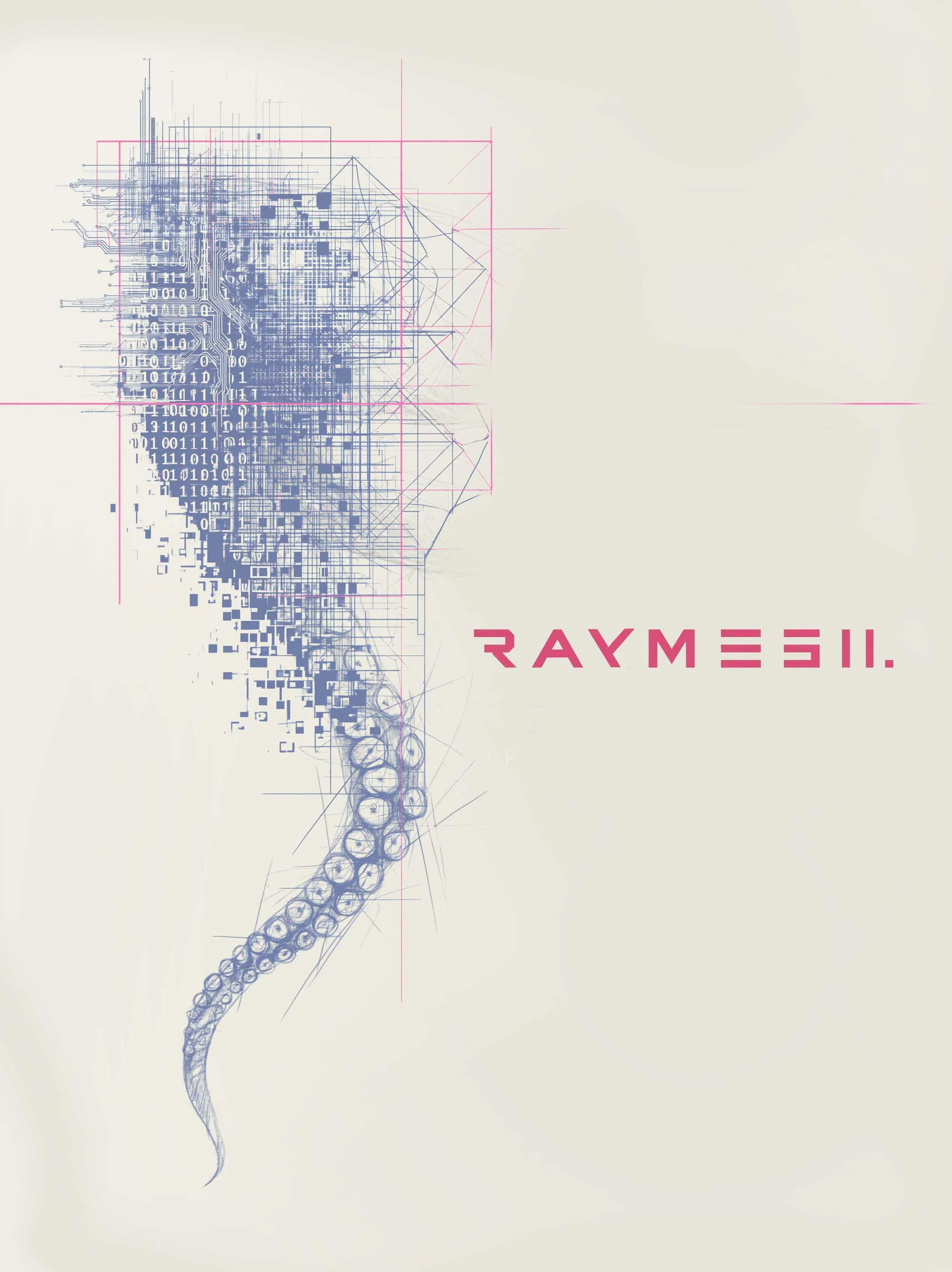 Raymesh identity: a technical drawing of an octopus dissolving into circuitry and binary, beside the Raymesh wordmark.