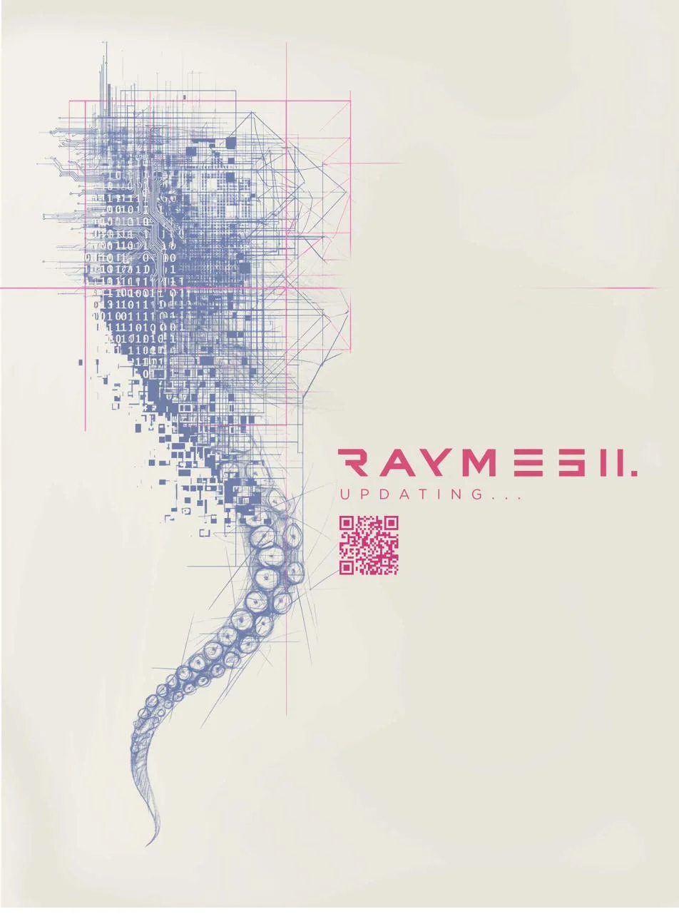 Raymesh identity: a technical drawing of an octopus dissolving into circuitry and binary, with the Raymesh wordmark and the word UPDATING.